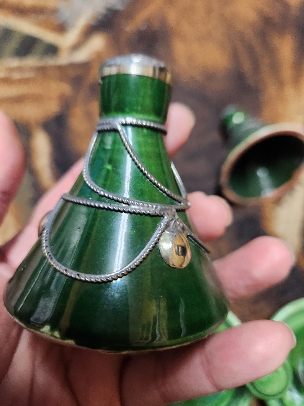 Vintage Moroccan Ceramic Double Mini Tagine Spice Holder - Green Glaze with Meta - Picture 7 of 7